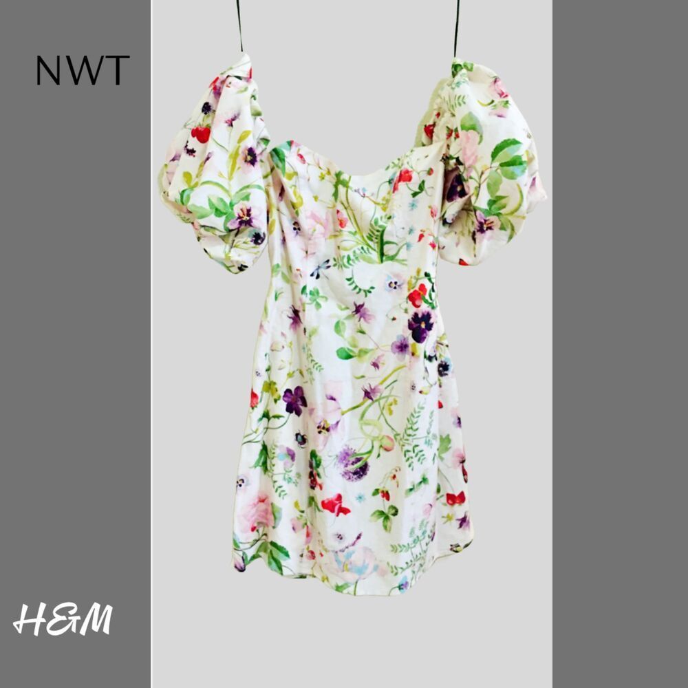 NWT H&M Cream Floral Off the Shoulders Mini Dress, Sz S